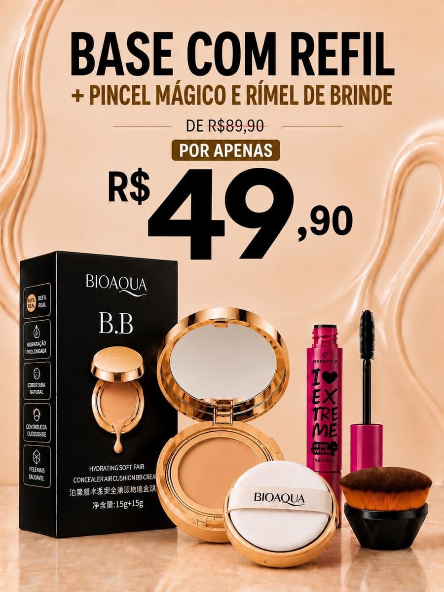 Base com refil, pincel mágico e rímel de brinde — de R$ 99,90 por R$ 49,90