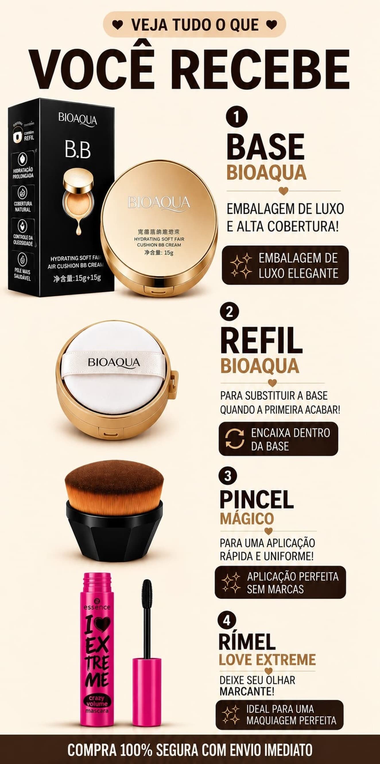 Veja tudo o que você recebe: base BioAqua com refil, pincel mágico e rímel Love Extreme